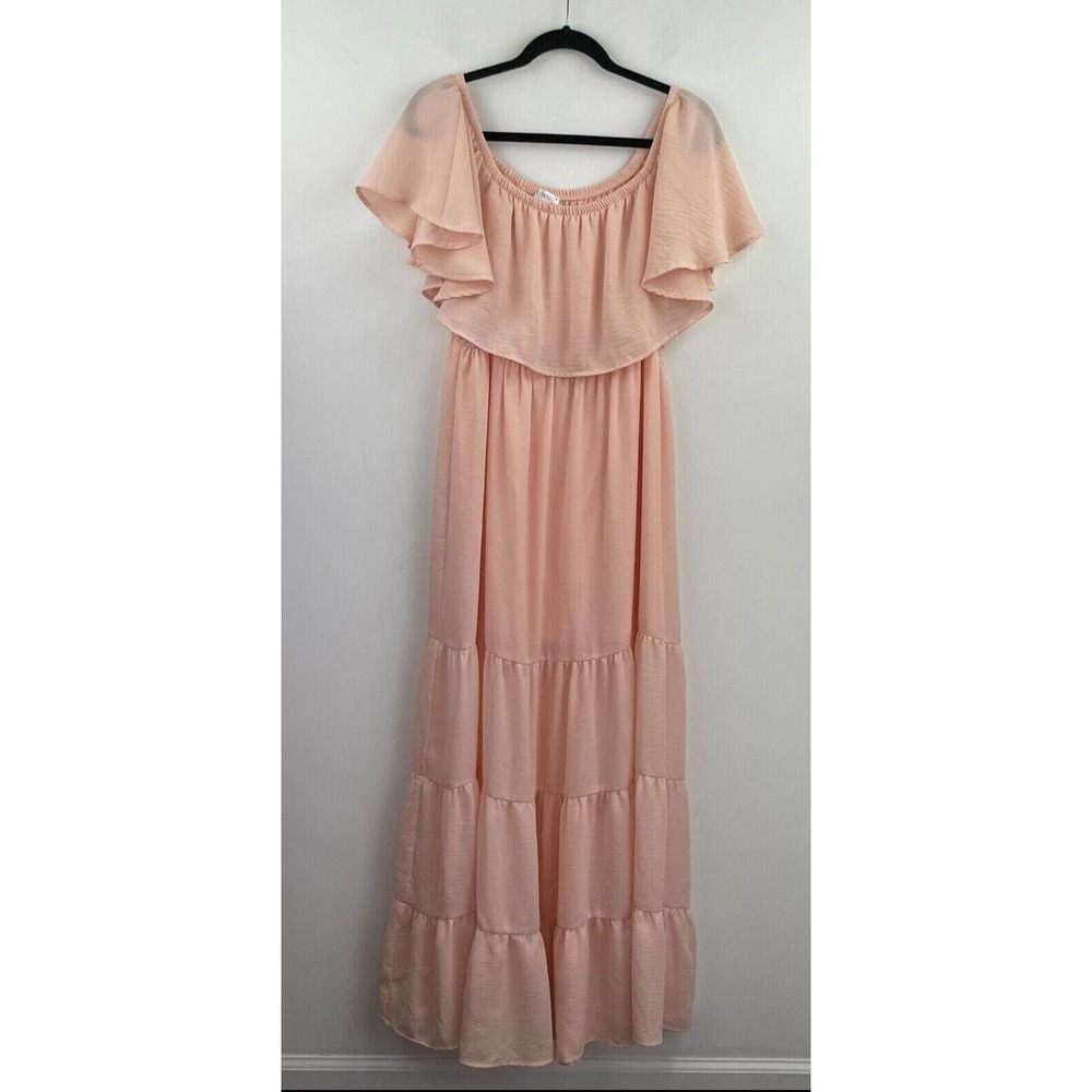 Venus 14 Peasant Maxi Dress Peach Ruffle A54-16 Off Shoulder Sleeve Womens NWOT